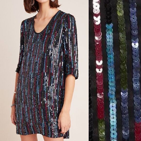 NEW! Anthro Elisa Rainbow Sequin Vertical Striped Shirt Dress - Picture 2 of 15